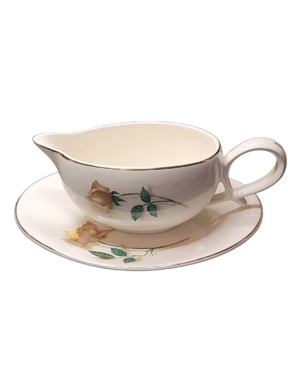 VTG Canonsburg Gravy Boat w/ Underplate Floral Yellow Trim White China GUC